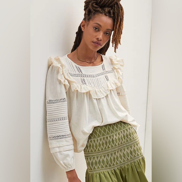 Anthropologie Cream Lace Ruffle Blouse - Picture 1 of 7